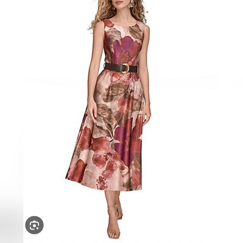 Donna Karan Floral Midi Dress in Pink, Mauve and Brown